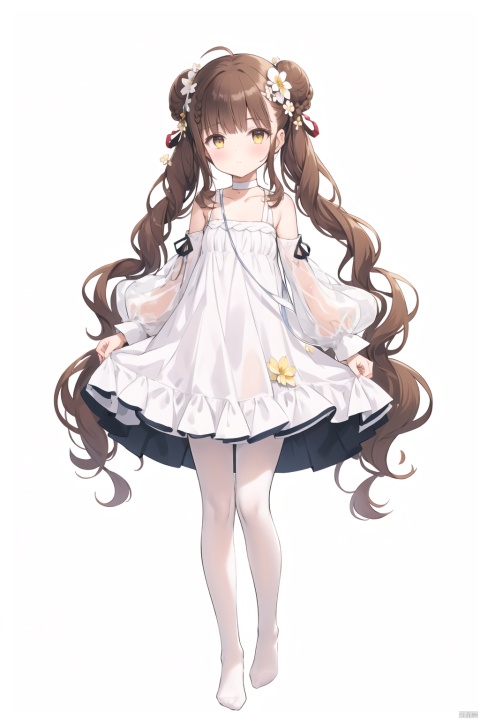 1girl, solo, long hair, looking at viewer, bangs, hair ornament, hollow out dress,  bare shoulders, very long hair, closed mouth, standing, full body, braid, flower, no shoes,  choker, hair flower, grey background, white dress,  gradient, gradient background,   yellow flower, skirt hold, white choker,double_bun,Dancing,white pantyhose,long sleeves, see-through sleeves,cropped shoulders,detached sleeves,loli, dynamic pose, ,yatsen