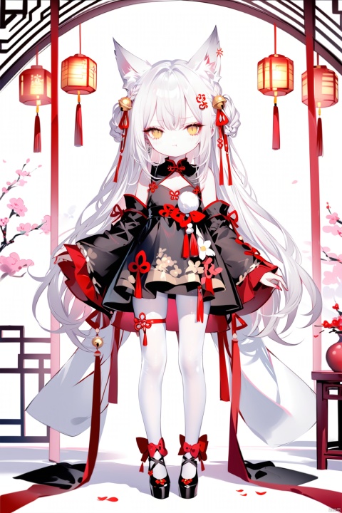 [iumu],[Sheya],[Artist chen bin], masterpiece,best quality,high quality,loli, 1girl, solo, long hair,looking at viewer, blush, bangs, hair ornament, long sleeves, dress, animal ears, very long hair, closed mouth, standing, full body, yellow eyes,  white hair, pantyhose,  wide sleeves, bell, anger vein, jingle bell, angry, white pantyhose, hair bell, black dress, animal ear fluff, fox ears,  :t, pout, hair bell,very long hair, standing,  sleeves past wrists, petals, tassel, chinese clothes, short dress, china dress, thigh strap, braid, ribbon, bare shoulders, detached sleeves, red ribbon, pelvic curtain,