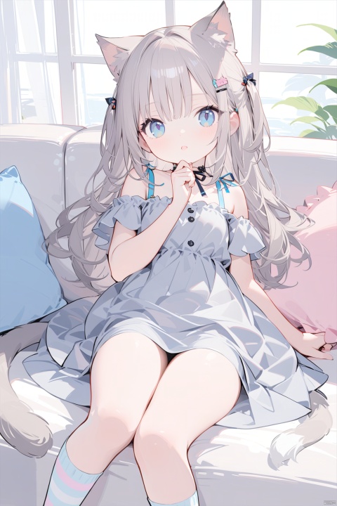  1girl, solo, long hair, looking at viewer, bangs, blue eyes, shirt, hair ornament, dress, animal ears, bare shoulders, tail, short sleeves, grey hair, lying, parted lips, socks, hairclip, striped, cat ears, off shoulder, :o, cat tail, no shoes, cat girl, couch, grey dress, striped socks,loli,