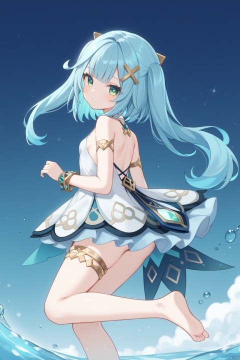  1girl, solo, long hair, breasts, looking at viewer, bangs, hair ornament, dress, bare shoulders, jewelry, closed mouth, green eyes, blue hair, small breasts, looking back, from behind, white dress, bracelet, aqua hair, thighlet, Faruzan (genshin),loli,Sole of feet, barefoot, 