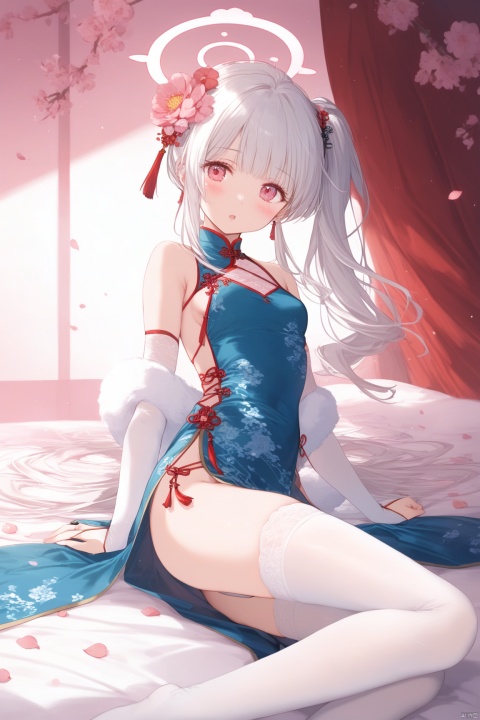 1girl, solo, long hair, breasts, looking at viewer, blush, open mouth, bangs, hair ornament, red eyes, thighhighs, dress, bare shoulders, jewelry, sitting, full body, flower, white hair, earrings, small breasts, parted lips, detached sleeves, sleeveless, indoors, hair flower, pink eyes, side ponytail, white thighhighs, head tilt, pillow, petals, bed, sleeveless dress, blue dress, halo, no shoes, chinese clothes, floral print, china dress, bridal gauntlets, pelvic curtain, pink flower