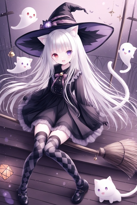 1girl, solo, long hair, looking at viewer, smile, open mouth, bangs,red eyes, thighhighs, gloves, long sleeves, hat, sitting, very long hair, purple eyes, full body, white hair, black dress, black headwear, bell, witch hat, heterochromia,  broom, ghost, witch, broom riding,cat tail, plaid, tail ornament, animal ears, cat ears, plaid, argyle legwear, argyle