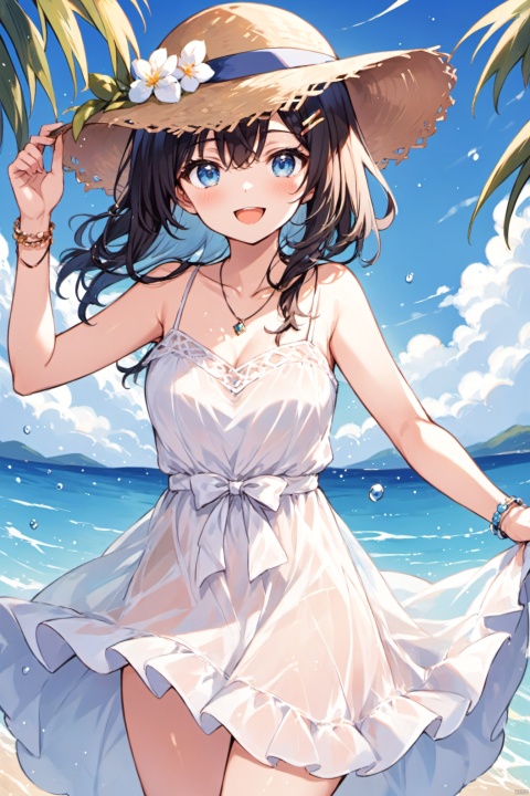 1girl, solo, long hair, looking at viewer, smile, open mouth, blue eyes, large breasts, black hair, hair ornament, hat, dress, ribbon, bare shoulders, jewelry, collarbone, flower, :d, cowboy shot, outdoors, sky, sleeveless, day, hairclip, water, necklace, white dress, bracelet, blue sky, see-through, sleeveless dress, strap slip, sun hat, skirt hold, straw hat, sundress, loli,