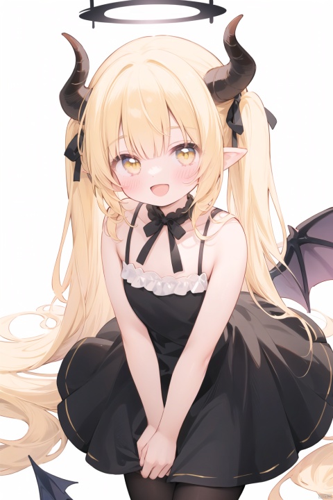 1girl, solo, long hair, looking at viewer, blush, smile, open mouth, bangs, blonde hair, simple background, white background, dress, ribbon, bare shoulders, collarbone, tail, hair ribbon, yellow eyes, :d, pantyhose, wings, horns, sleeveless, pointy ears, black dress, bare arms, black ribbon, leaning forward, sleeveless dress, one side up, halo, demon girl, demon horns, demon wings,ibukiBA, loli