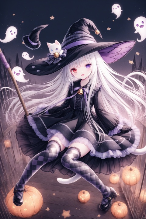  1girl, solo, long hair, looking at viewer, smile, open mouth, bangs,red eyes, thighhighs, gloves, long sleeves, hat, sitting, very long hair, purple eyes, full body, white hair, black dress, black headwear, bell, witch hat, heterochromia, broom, ghost, witch, broom riding,cat tail, plaid, tail ornament, animal ears, cat ears, plaid, argyle legwear, argyle, loli,(masterpiece),(best quality),illustration,ultra detailed,hdr,Depth of field,[iumu],[Sheya],[Artist chen bin], 