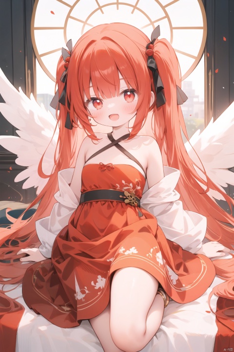  1girl, solo, long hair, open mouth, bangs, hair ornament, red eyes, dress, red hair, barefoot, orange hair, :o, see-through, strapless, red dress, strapless dress, personification, shawl,hanfu,Wings with sun gears,anklet,loli,masterpiece,best quality,high quality,loli