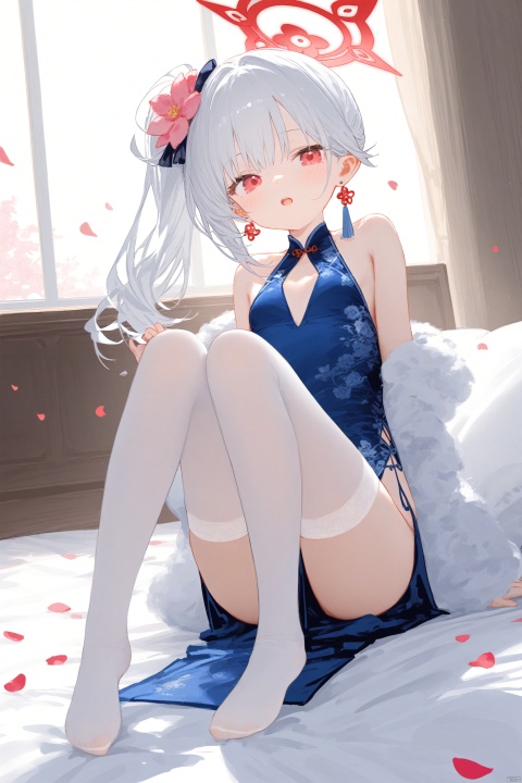  grossissementdedeuxcentsoixantepourcent_portrait, [Artist: Sho_(sho_LWLW)], 1girl, solo, loli,long hair, breasts, looking at viewer, blush, open mouth, bangs, hair ornament, red eyes, thighhighs, dress, bare shoulders, jewelry, sitting, full body, flower, white hair, earrings, small breasts, parted lips, detached sleeves, sleeveless, indoors, hair flower, pink eyes, side ponytail, white thighhighs, head tilt, pillow, petals, bed, sleeveless dress, blue dress, halo, no shoes, chinese clothes, floral print, china dress, bridal gauntlets, pelvic curtain, pink flower, loli, mustukiBA