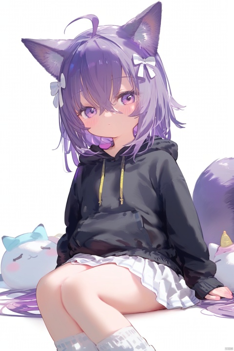 1girl, solo, looking at viewer, blush, bangs, skirt, simple background, long sleeves, white background, bow, animal ears, hair between eyes, sitting, closed mouth, purple eyes, tail, purple hair, ahoge, hair bow, pleated skirt, socks, hood, hoodie, feet out of frame, white skirt, hood down, white bow, white socks, black hoodie, loose socks,loli