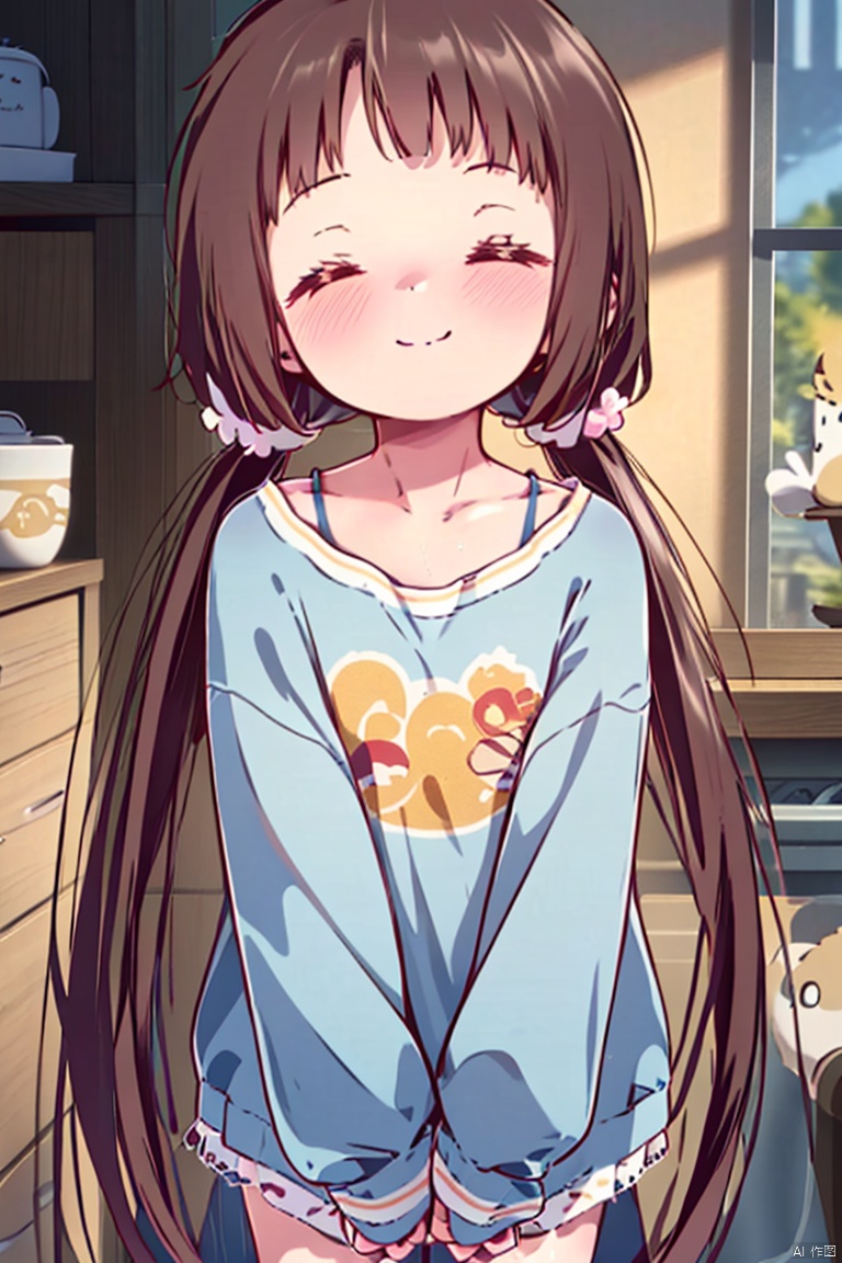  caiyuan, 1girl, solo, long hair, brown hair, smile, closed eyes, twintails, blush, scrunchie, shirt, pajamas, low twintails, collarbone, hair ornament, upper body, indoors, sleeves past wrists, long sleeves, hair scrunchie, closed mouth, 30710, loli