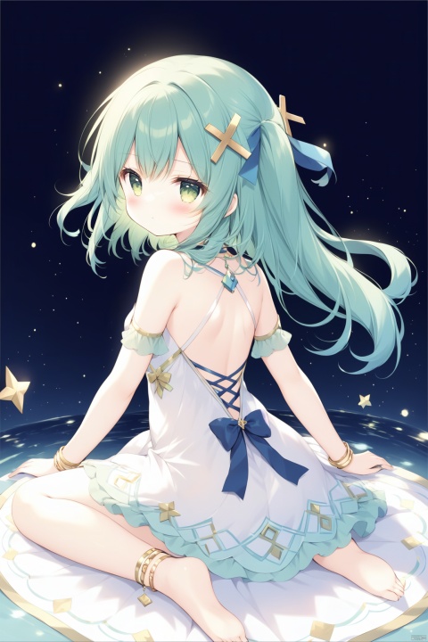 shiratamaco,1girl, solo, long hair, breasts, looking at viewer, bangs, hair ornament, dress, bare shoulders, jewelry, closed mouth, green eyes, blue hair, small breasts, looking back, from behind, white dress, bracelet, aqua hair, thighlet, Faruzan (genshin),loli,Sole of feet, barefoot,