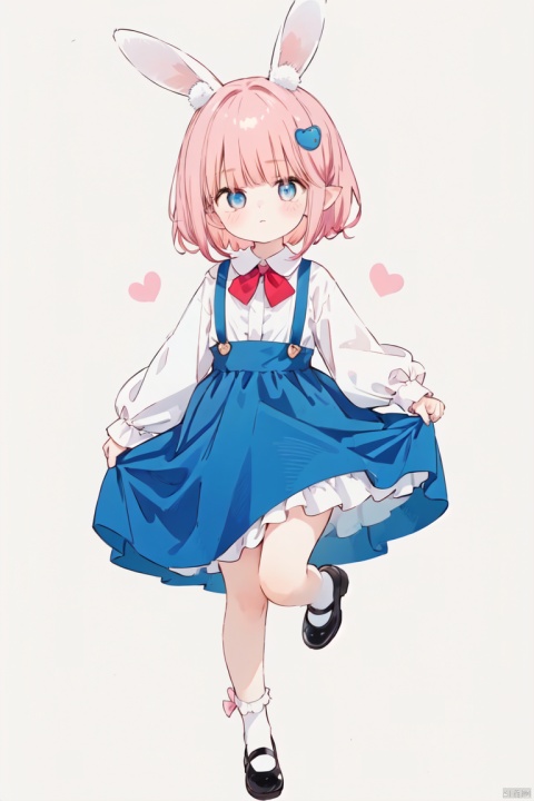  1girl, solo, looking at viewer, blush, short hair, bangs, blue eyes, skirt, simple background, shirt, hair ornament, long sleeves, dress, bow, animal ears, standing, full body, white shirt, pink hair, heart, shoes, socks, puffy sleeves, bowtie, grey background, black footwear, rabbit ears, red bow, blue dress, standing on one leg, white socks, mary janes, puffy long sleeves, skirt hold, heart hair ornament, pinafore dress,loli,