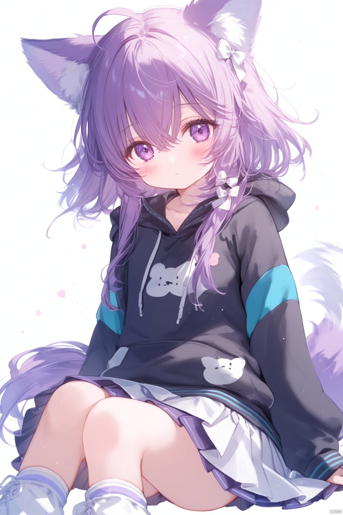 1girl, solo, looking at viewer, blush, bangs, skirt, simple background, long sleeves, white background, bow, animal ears, hair between eyes, sitting, closed mouth, purple eyes, tail, purple hair, ahoge, hair bow, pleated skirt, socks, hood, hoodie, feet out of frame, white skirt, hood down, white bow, white socks, black hoodie, loose socks,loli