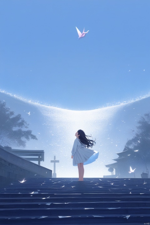 1girl, solo,angel, long hair, black hair, long sleeves, dress, standing, outdoors, sky, barefoot, day, white dress, blue sky, scenery, blue theme,White  stairs, wide shot,floating White Thousand Paper Crane,detailed background,Many thousand paper cranes,Standing on the steps and looking up at the sky,Aestheticism Painting,intricate detail,