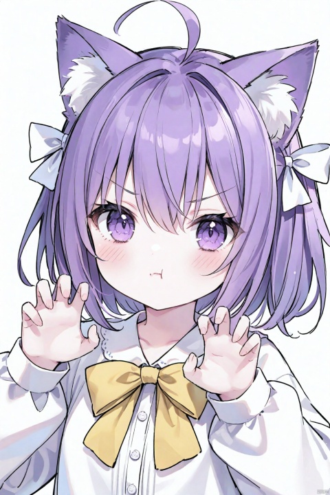 1girl, solo, looking at viewer, blush, bangs, simple background, shirt, long sleeves, white background, bow, animal ears, hair between eyes, closed mouth, purple eyes, upper body, purple hair, ahoge, hair bow, puffy sleeves, cat ears, sketch, v-shaped eyebrows, hands up, white bow, yellow bow, puffy long sleeves, :t, pout, claw pose, =3, :i,loli,