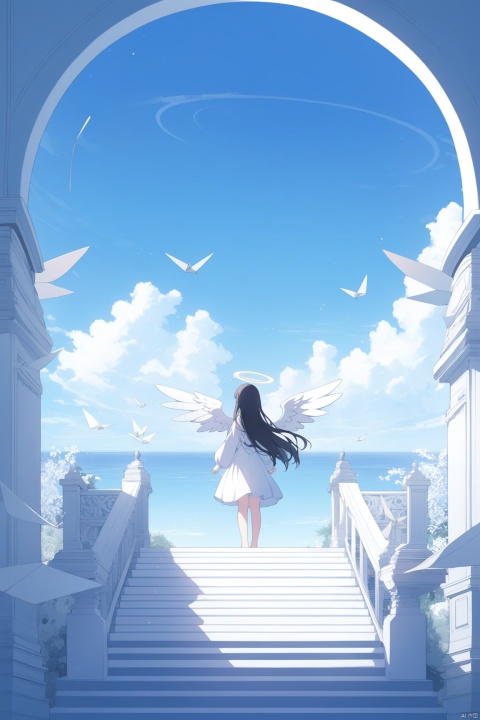 1girl, solo,angel, long hair, black hair, long sleeves, dress, standing, outdoors, sky, barefoot, day, white dress, blue sky, scenery, blue theme,White  stairs, wide shot,floating White Thousand Paper Crane,detailed background,Many thousand paper cranes,Standing on the steps and looking up at the sky,Aestheticism Painting,intricate detail,Angel wings, halo,loli