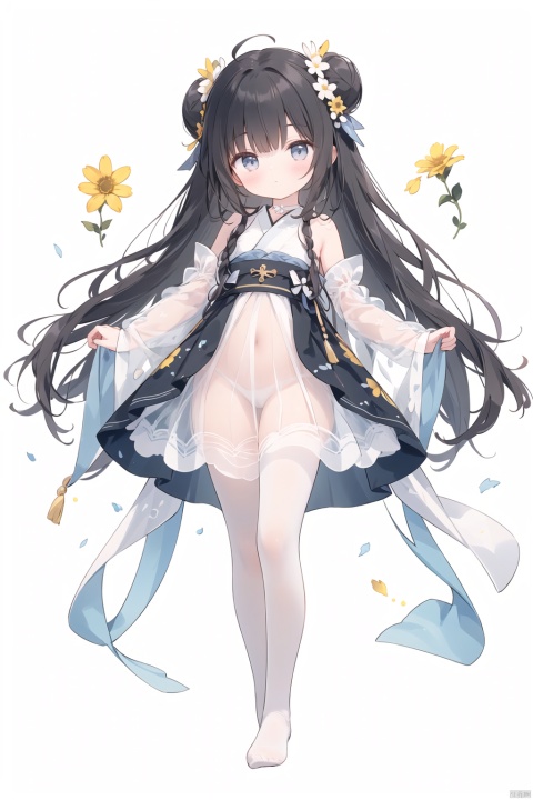 1girl, solo, long hair, looking at viewer, bangs, hair ornament, hollow out dress,  bare shoulders, very long hair, closed mouth, standing, full body, braid, flower, no shoes,  choker, hair flower, grey background, white dress, see-through, gradient, gradient background,   yellow flower, skirt hold, white choker,double_bun,Dancing,white pantyhose,long sleeves, see-through sleeves,cropped shoulders,revealing clothes,Light gauze wide sleeve skirt,detached sleeves,loli, cuteloliface,loli,dynamic pose, hanfu,