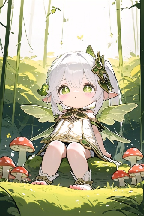  (A cute and beautiful goblin girl is sitting on a mushroom in a humid forest, swaying her feet. Macro photography masterpiece: 1.3), BREAK (A cute and beautiful goblin girl is sitting on a crystal clear mushroom in a humid forest. Real and detailed , Comparison of the real proportions of mushrooms and cute and beautiful goblin girls, real and detailed), BRACK (The cute and beautiful goblin girl with a good figure and a pair of crystal clear wings on her back is real and detailed),Transparent crystal wings, huge butterfly wings, 30710, nahida (genshin impact), loli, ray tracing, nahida,chibi,