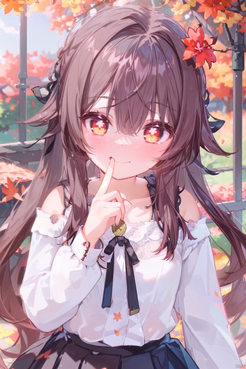  best quality, (chromatic aberration), (beautiful young female:1.4), (ultra-detailed:1.1), (illustration:1.1), perfectly drawn hands, twintails, long hair, solo, brown hair, red eyes, very long hair, flower,(beautiful_face), ((intricate_detail)), (revealing clothes:1.2), clear face,((finely detailed)), fine fabric emphasis,
solo, holding leaf, ginkgo leaf, skirt, looking at viewer, holding, ribbon, hair ribbon, long sleeves, shirt, blurry, leaf, bangs, off shoulder, brown skirt, black ribbon, brown hair, blush, depth of field, white shirt, hand up, autumn leaves, black shirt, (1girl, loli, evil smile, blush),