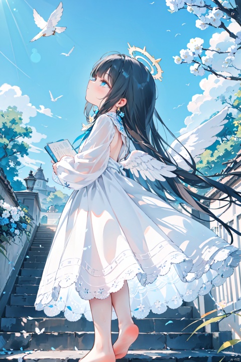 1girl, solo,angel, long hair, long sleeves, dress, standing, outdoors, sky, barefoot, day, white dress, blue sky, scenery, blue theme,White stairs, wide shot,floating White Thousand Paper Crane,detailed background,Many thousand paper cranes,Standing on the steps and looking up at the sky,Aestheticism Painting,intricate detail,Angel wings, halo,loli,