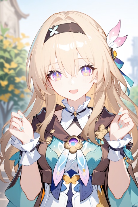 1girl, solo, long hair, looking at viewer, smile, open mouth, bangs, blonde hair, hair ornament, dress, ribbon, hair between eyes, upper body, :d, hairband, outdoors, frills, pink eyes, blurry, wrist cuffs, hands up, blurry background, hair intakes, black hairband, multicolored eyes, gradient eyes,firefly \(honkai: star rail\), fireflySR