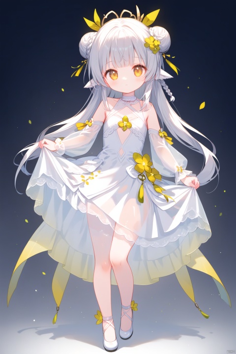 1girl, solo, long hair, looking at viewer, bangs, hair ornament, hollow out dress,  bare shoulders, very long hair, closed mouth, standing, full body, yellow eyes, braid, flower, white hair,no shoes,  choker, hair flower, grey background, white dress, see-through, gradient, gradient background,  white footwear, yellow flower, skirt hold, white choker,double_bun,
 long sleeves,   see-through skirt,see-through sleeves,cropped shoulders,revealing clothes,Light gauze wide sleeve skirt,detached sleeves,loli, cuteloliface,loli,dynamic pose,