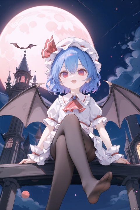  1girl, solo, looking at viewer, smile, short hair, open mouth, bangs, red eyes, hat, dress, bow, ribbon, hair between eyes, sitting, blue hair, full body, short sleeves, pantyhose, outdoors, frills, wings, sky, no shoes, fang, puffy sleeves, cloud, blurry, red bow, red ribbon, puffy short sleeves, wrist cuffs, black pantyhose, ascot, night, white headwear, moon, mob cap, hat ribbon, crossed legs, bat wings, frilled sleeves, red nails, full moon, pink headwear, bat \(animal\), red ascot, red moon, scarlet devil mansion, remilia scarlet,foot focus,from below,nai3, ray tracing, loli