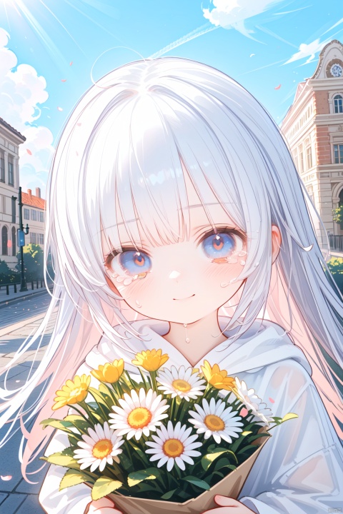 sunlight tone,clear sky,1woman,woman focus,close-up,side face,white cloth,hooded,Dutch angle,looking at viewer,holding bouquet,side face,girl focus,from above,standing,Head Tilt,wind,sad smile,tears,floating tears,sunlight,wind,Building ruins,Reinforcement, crushed stone,brick and tile,Beautiful scenery, cuteloli, loli, ((Eyes slightly open, RAW file format, master-level illustration work, 32k ultra-high-definition wallpaper, best CG. Gorgeous Sense. Dynamic sense. Vivid sense))