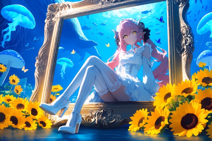 masterpiece, best quality, score_7, very aesthetic
//,
crossed legs, 1girl, solo, long hair, breasts, looking at viewer, bangs, yellow eyes, pink hair, hair ornament, thighhighs, long sleeves, dress, hair between eyes, twintails, jewelry, medium breasts, sitting, very long hair, closed mouth, full body, flower, pantyhose, earrings, frills, detached sleeves, puffy sleeves, hair flower, white dress, high heels, white thighhighs, low twintails, white footwear, frilled dress, bug, butterfly, white pantyhose, sunflower, blue butterfly, painting \(object\),animal, cat, scenery, fish, blue theme, wide shot, surreal, whale,Underwater, jellyfish,White lace vertical stripes thighhighs,curled horns,symbol-shaped_pupils,braid,+_+,pointy ears, The image depicts a young girl sitting on a large ornate golden frame, surrounded by vibrant yellow sunflowers. The girl is dressed in a white, frilly dress with lace details and white high-heeled shoes. Her long dark hair is styled with a black ribbon. The background features a fantastical scene with floating mushrooms and flying creatures, creating a surreal atmosphere. The frame is intricately designed, and the sunflowers are spread around the base of the frame, adding to the whimsical setting.
//,
@ao3,@wlop,