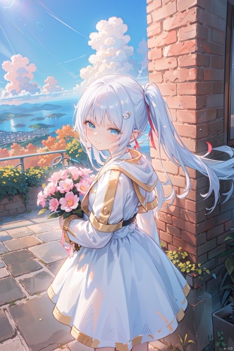 sunlight tone,clear sky,1woman,woman focus,close-up,side face,white cloth,hooded,Dutch angle,looking at viewer,holding bouquet,side face,girl focus,from above,standing,Head Tilt,wind,sad smile,tears,floating tears,sunlight,wind,Building ruins,Reinforcement, crushed stone,brick and tile,Beautiful scenery, cuteloli, loli, ((Eyes slightly open, RAW file format, master-level illustration work, 32k ultra-high-definition wallpaper, best CG. Gorgeous Sense. Dynamic sense. Vivid sense)), fll,twintails