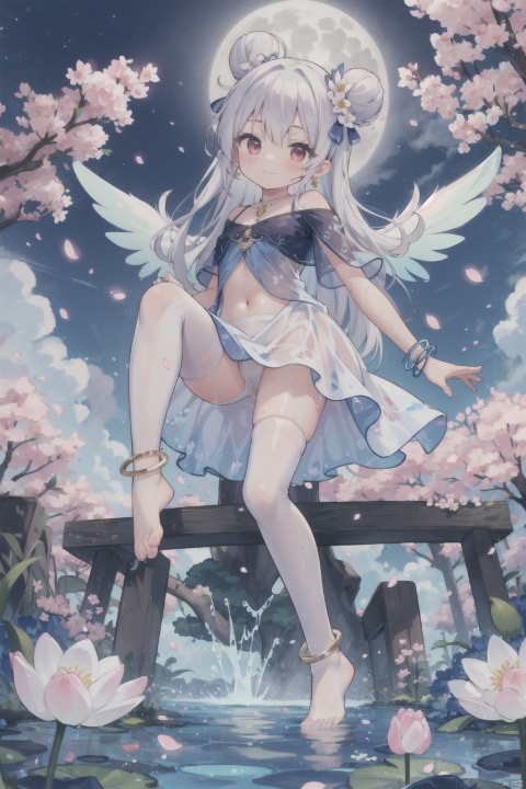 1girl, solo, long hair, looking at viewer, smile, bangs, red eyes, dress, bare shoulders, jewelry, sitting, very long hair, closed mouth,full body, flower, earrings, outdoors, sky,  water, off shoulder, hair bun, white dress, bracelet, feet, tree, petals,  double bun, night, bird, moon, cherry blossoms, night sky, full moon, pink flower, anklet, branch, absurdly long hair, soaking feet, lotus,thighhighs, navel,  panties, flower, white hair, wings, hair flower, feet, white thighhighs, wet, see-through, toes,  no shoes, leg up, from below, wet clothes,