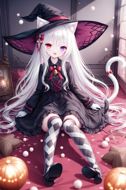  1girl, solo, long hair, looking at viewer, smile, open mouth, bangs,red eyes, thighhighs, gloves, long sleeves, hat, sitting, very long hair, purple eyes, full body, white hair, black dress, black headwear, bell, witch hat, heterochromia, broom, ghost, witch, broom riding,cat tail, plaid, tail ornament, animal ears, cat ears, plaid, argyle legwear, argyle, loli,(masterpiece),(best quality),illustration,ultra detailed,hdr,Depth of field,[iumu],[Sheya],[Artist chen bin], 