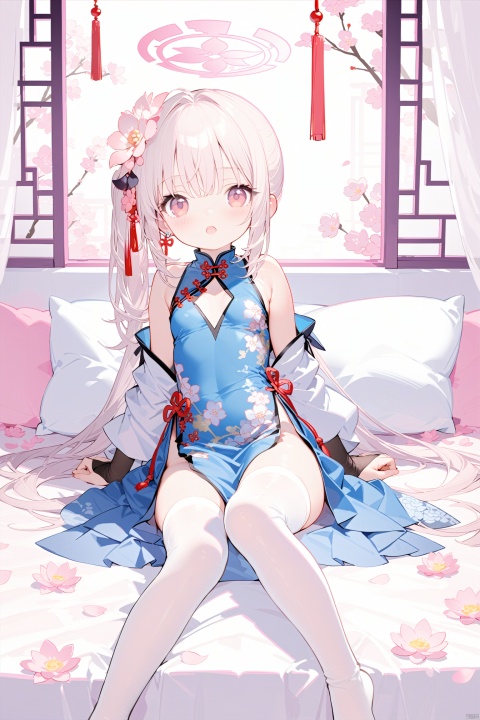  1girl,loli, solo, long hair, breasts, looking at viewer, blush, open mouth, bangs, hair ornament, red eyes, thighhighs, dress, bare shoulders, jewelry, sitting, full body, flower, white hair, earrings, small breasts, parted lips, detached sleeves, sleeveless, indoors, hair flower, pink eyes, side ponytail, white thighhighs, head tilt, pillow, petals, bed, sleeveless dress, blue dress, halo, no shoes, chinese clothes, floral print, china dress, bridal gauntlets, pelvic curtain, pink flower