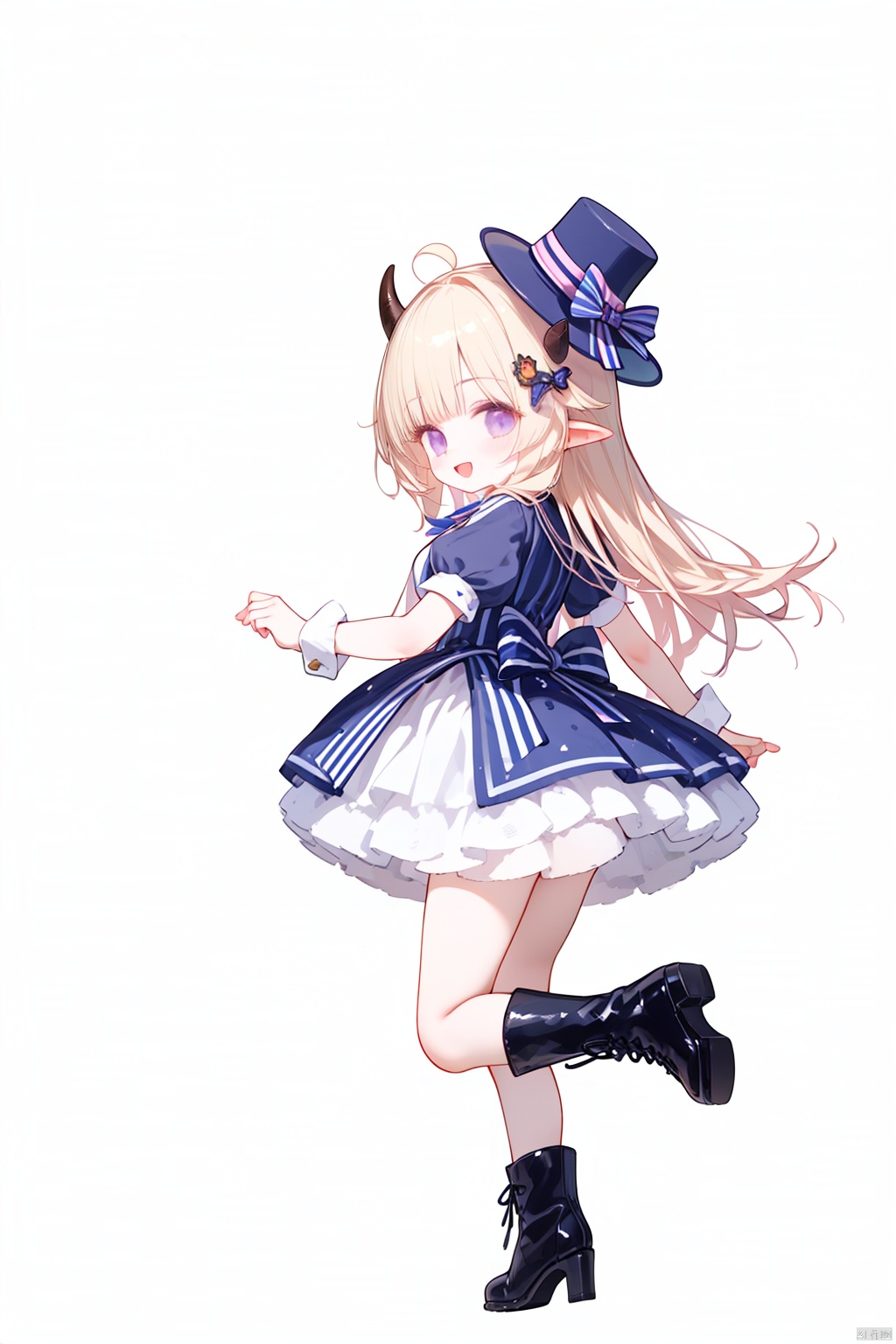 1girl, solo, long hair, breasts, looking at viewer, blush, smile, open mouth, bangs, skirt, blonde hair, simple background, hair ornament, hat, white background, dress, bow, ribbon, animal ears, medium breasts, standing, purple eyes, full body, ahoge, short sleeves, :d, boots, frills, horns, striped, puffy sleeves, looking back, virtual youtuber, miniskirt, high heels, from side, official alternate costume, puffy short sleeves, wrist cuffs, white headwear, blue bow, standing on one leg, white skirt, blue footwear, mini hat, ankle boots, back bow, tilted headwear, mini top hat, sheep horns, sheep ears, sheep girl, tsunomaki watame