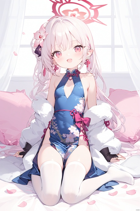  1girl, loli,solo, long hair, breasts, looking at viewer, blush, open mouth, bangs, hair ornament, red eyes, thighhighs, dress, bare shoulders, jewelry, sitting, full body, flower, white hair, earrings, small breasts, parted lips, detached sleeves, sleeveless, indoors, hair flower, pink eyes, side ponytail, white thighhighs, head tilt, pillow, petals, bed, sleeveless dress, blue dress, halo, no shoes, chinese clothes, floral print, china dress, bridal gauntlets, pelvic curtain, pink flower, mustukiBA