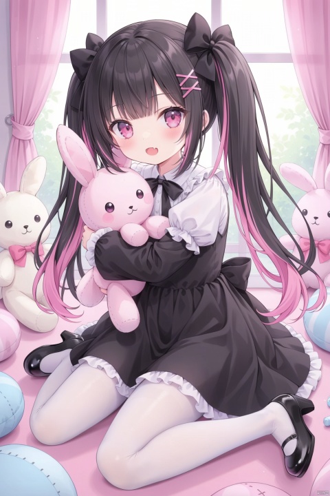 1girl, solo, long hair, looking at viewer, blush, open mouth, bangs, shirt, black hair, hair ornament, long sleeves, dress, bow, ribbon, twintails, sitting, full body, pink hair, hair bow, multicolored hair, frills, shoes, hairclip, fang, puffy sleeves, indoors, pink eyes, black footwear, black dress, high heels, two-tone hair, window, black bow, wariza, stuffed toy, frilled dress, stuffed animal, cross, x hair ornament, pink dress, object hug, stuffed bunny, holding stuffed toy,pantyhose,loli