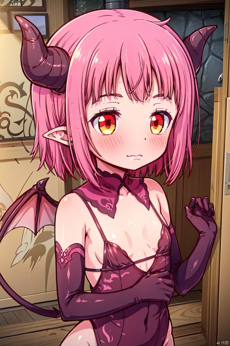 caiyuan,1girl, wings, solo, horns, gloves, tail, blush, demon tail, demon girl, elbow gloves,  demon wings, short hair, demon horns, yellow eyes, pointy ears, black gloves, pink hair, upper body, breasts, indoors, wavy mouth, red hair, closed mouth, small breasts, detached collar, pink wings, loli, bangs