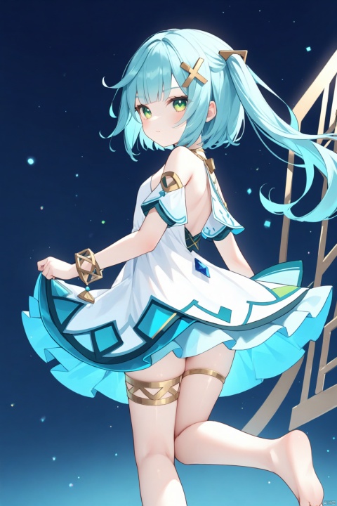  1girl, solo, long hair, breasts, looking at viewer, bangs, hair ornament, dress, bare shoulders, jewelry, closed mouth, green eyes, blue hair, small breasts, looking back, from behind, white dress, bracelet, aqua hair, thighlet, Faruzan (genshin),loli,Sole of feet, barefoot, 