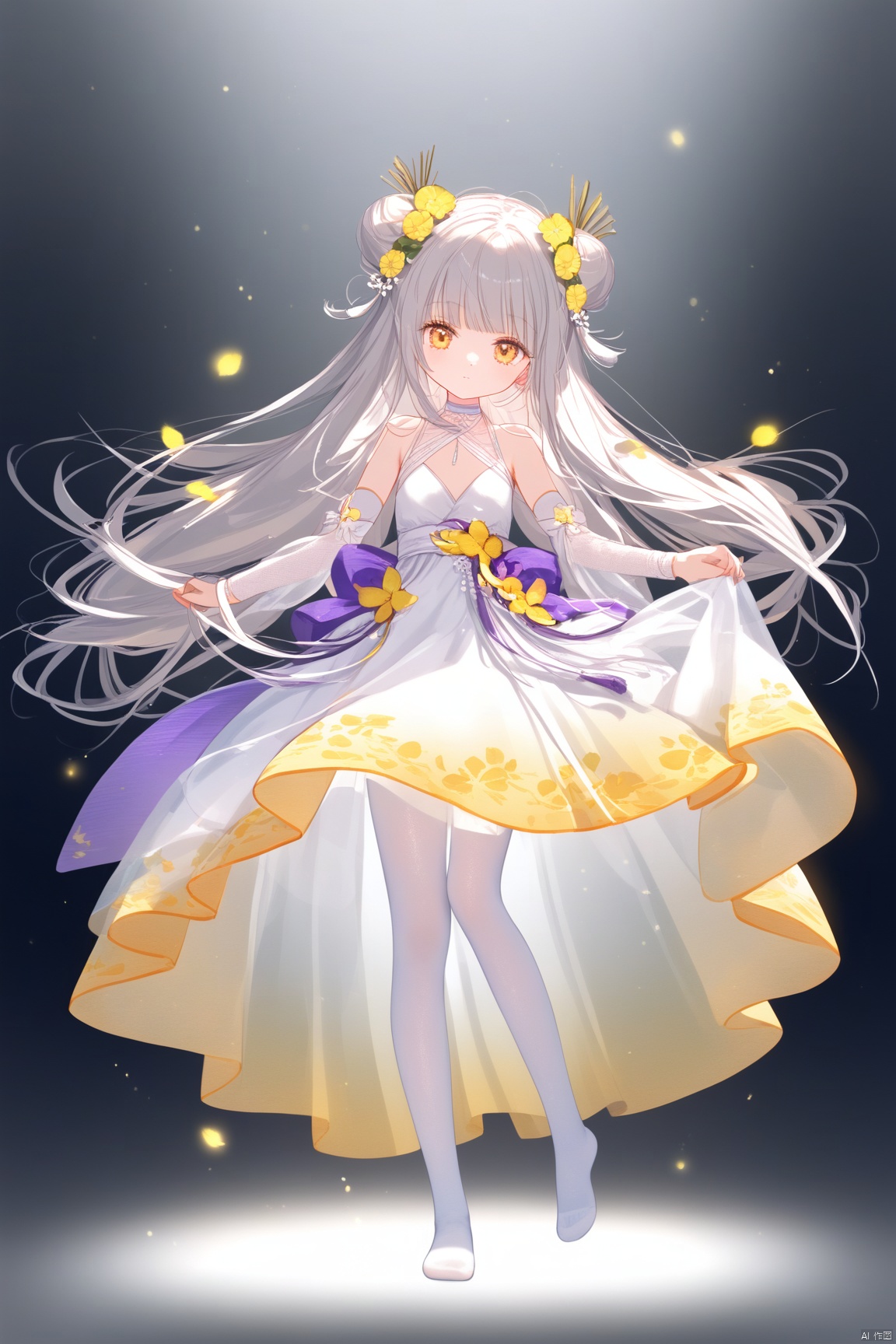 1girl, solo, long hair, looking at viewer, bangs, hair ornament, hollow out dress,  bare shoulders, very long hair, closed mouth, standing, full body, yellow eyes, braid, flower, white hair,no shoes,  choker, hair flower, grey background, white dress, see-through, gradient, gradient background,   yellow flower, skirt hold, white choker,double_bun,Dancing,white pantyhose,long sleeves,   see-through skirt,see-through sleeves,cropped shoulders,revealing clothes,Light gauze wide sleeve skirt,detached sleeves,loli, cuteloliface,loli,dynamic pose,