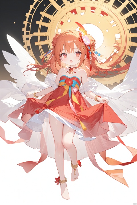 1girl, solo, long hair, open mouth, bangs, hair ornament, red eyes, dress, red hair, barefoot, orange hair, :o, see-through, strapless, red dress, strapless dress, personification, shawl,hanfu,Wings with sun gears,anklet,loli,masterpiece,best quality,high quality,loli