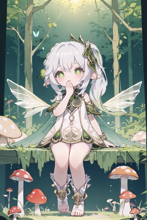  (A cute and beautiful goblin girl is sitting on a mushroom in a humid forest, swaying her feet. Macro photography masterpiece: 1.3), BREAK (A cute and beautiful goblin girl is sitting on a crystal clear mushroom in a humid forest. Real and detailed , Comparison of the real proportions of mushrooms and cute and beautiful goblin girls, real and detailed), BRACK (The cute and beautiful goblin girl with a good figure and a pair of crystal clear wings on her back is real and detailed),Transparent crystal wings, huge butterfly wings, 30710, nahida (genshin impact), loli, ray tracing, nahida,chibi,