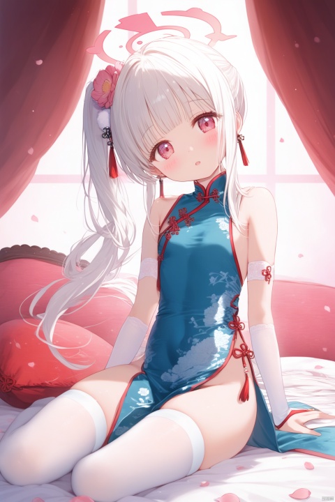  1girl,loli, solo, long hair, breasts, looking at viewer, blush, open mouth, bangs, hair ornament, red eyes, thighhighs, dress, bare shoulders, jewelry, sitting, full body, flower, white hair, earrings, small breasts, parted lips, detached sleeves, sleeveless, indoors, hair flower, pink eyes, side ponytail, white thighhighs, head tilt, pillow, petals, bed, sleeveless dress, blue dress, halo, no shoes, chinese clothes, floral print, china dress, bridal gauntlets, pelvic curtain, pink flower