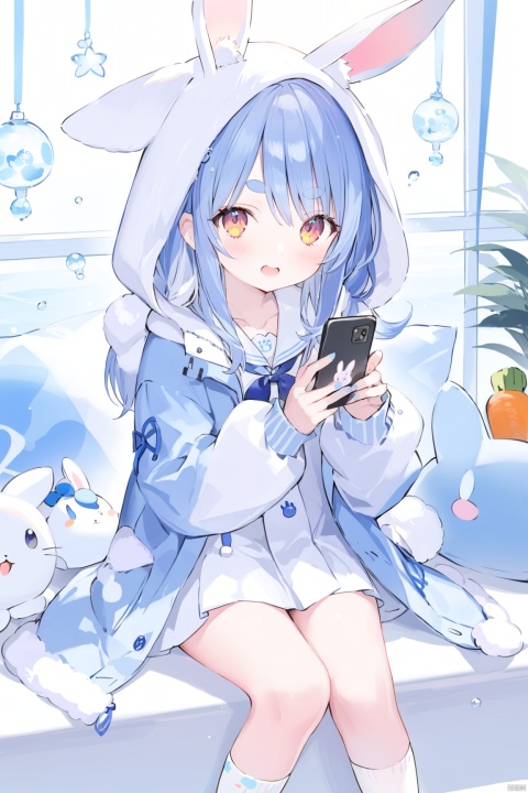 1girl, solo, long hair, bangs, holding, animal ears, sitting, blue hair, jacket, socks, virtual youtuber, hood, sailor collar, rabbit ears, phone, thick eyebrows, cellphone, smartphone, hood up, holding phone, usada pekora