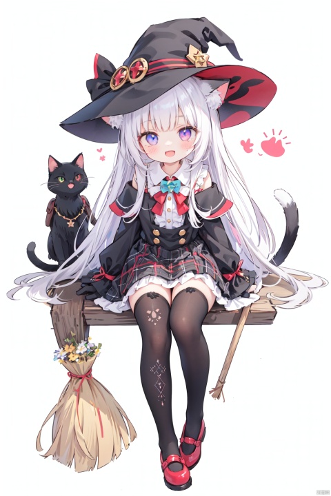 1girl, solo, long hair, looking at viewer, smile, open mouth, bangs,red eyes, thighhighs, gloves, long sleeves, hat, sitting, very long hair, purple eyes, full body, white hair, black dress, black headwear, bell, witch hat, heterochromia,  broom, ghost, witch, broom riding,cat tail, plaid, tail ornament, animal ears, cat ears, plaid, argyle legwear, argyle