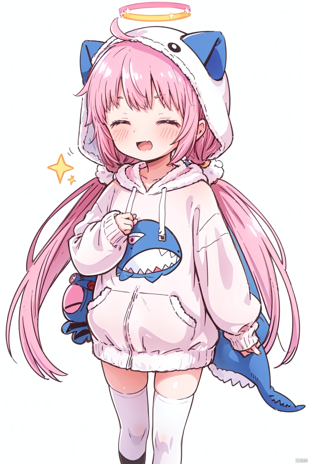 1girl,takanashi_hoshino,halo,sleeping,pink_hair,long_hair,ahoge,zzz,closed_eyes,hood,twintails,long_sleeves,hair_ornament,animal_costume,very_long_hair,socks,smile,shark_costume,bangs,sleeves_past_wrists,sleeves_past_fingers,open_mouth,blush,hair_bobbles,tail,animal_hood,standing,simple_background,white_background,hoodie,low_twintails,sparkle,stuffed_toy,loli, caiyuan