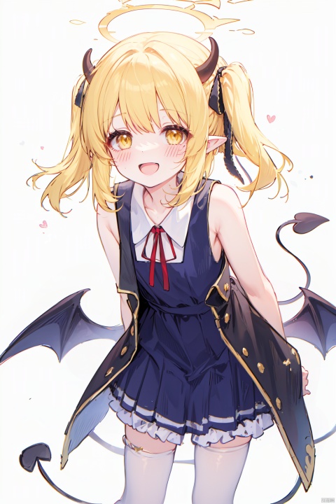 1girl, solo, long hair, looking at viewer, blush, smile, open mouth, bangs, blonde hair, simple background, white background, dress, ribbon, bare shoulders, collarbone, tail, hair ribbon, yellow eyes, :d, pantyhose, wings, horns, sleeveless, pointy ears, black dress, bare arms, black ribbon, leaning forward, sleeveless dress, one side up, halo, demon girl, demon horns, demon wings,ibukiBA, loli, fubukiBA