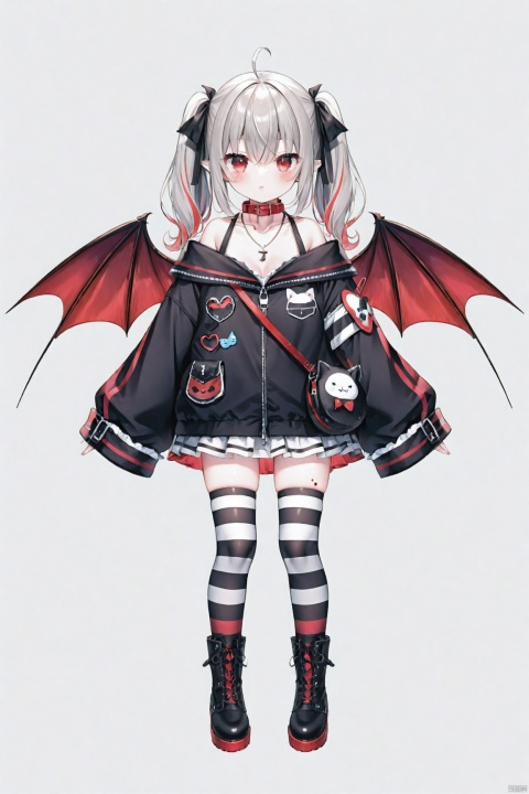 1girl, solo, looking at viewer, bangs, simple background, red eyes, thighhighs, long sleeves, white background, hair between eyes, bare shoulders, twintails, jewelry, standing, jacket, full body, ahoge, grey hair, red hair, multicolored hair, boots, wings, striped, virtual youtuber, necklace, off shoulder, bag, black footwear, collar, sleeves past wrists, blood, striped thighhighs, sleeves past fingers, demon wings, shoulder bag, red collar, red wings, off-shoulder jacket, makaino ririmu,loli