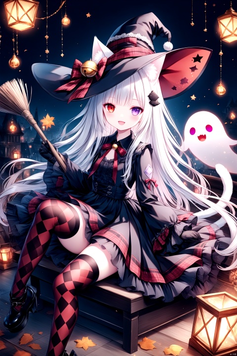  1girl, solo, long hair, looking at viewer, smile, open mouth, bangs,red eyes, thighhighs, gloves, long sleeves, hat, sitting, very long hair, purple eyes, full body, white hair, black dress, black headwear, bell, witch hat, heterochromia, broom, ghost, witch, broom riding,cat tail, plaid, tail ornament, animal ears, cat ears, plaid, argyle legwear, argyle, loli,(masterpiece),(best quality),illustration,ultra detailed,hdr,Depth of field,[iumu],[Sheya],[Artist chen bin], 