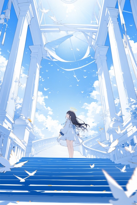 1girl, solo,angel, long hair, black hair, long sleeves, dress, standing, outdoors, sky, barefoot, day, white dress, blue sky, scenery, blue theme,White  stairs, wide shot,floating White Thousand Paper Crane,detailed background,Many thousand paper cranes,Standing on the steps and looking up at the sky,Aestheticism Painting,intricate detail,Angel wings, halo,loli