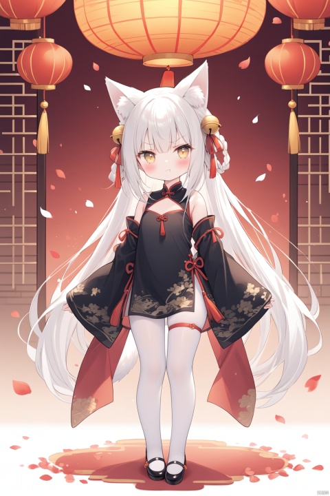  masterpiece,best quality,high quality, 1girl, solo, long hair,looking at viewer, blush, bangs, hair ornament, long sleeves, dress, animal ears, very long hair, closed mouth, standing, full body, yellow eyes,  white hair, pantyhose,  wide sleeves, bell, anger vein, jingle bell, angry, white pantyhose, hair bell, black dress, animal ear fluff, fox ears,  :t, pout, hair bell,very long hair, standing,  sleeves past wrists, petals, tassel, chinese clothes, short dress, china dress, thigh strap, braid, ribbon, bare shoulders, detached sleeves, red ribbon, pelvic curtain,loli