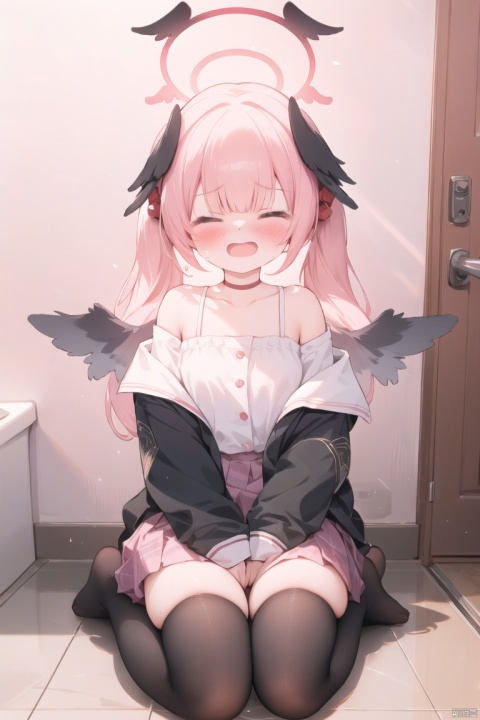 1girl, solo, long hair, blush, open mouth, bangs, shirt, hair ornament, long sleeves, twintails, sitting, closed eyes, pink hair, wings, tears, off shoulder, low twintails, halo, > <, ^^^, head wings, black wings, toilet, full body,no shoes,loli, koharu